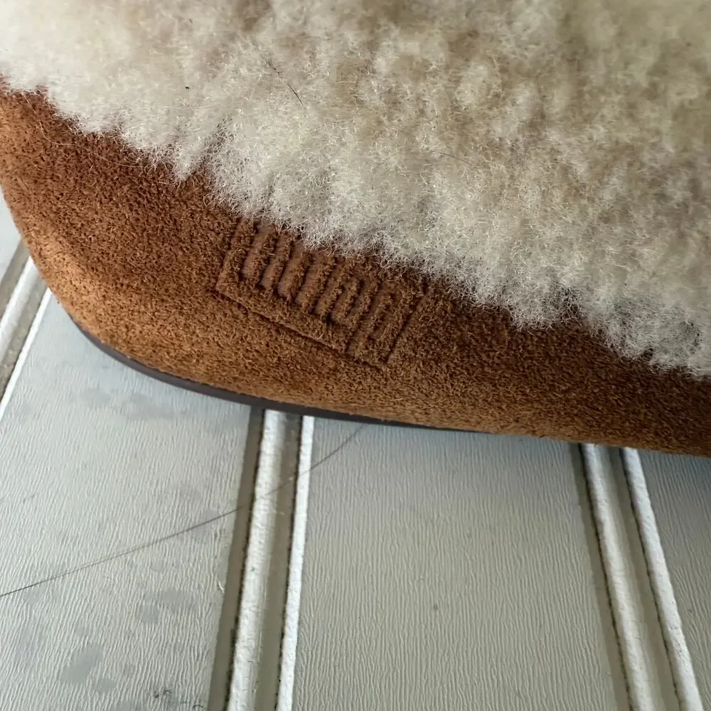FitFlop Suede Shearling Moccasin Slippers Brown Cozy House Shoes Women’s size 8